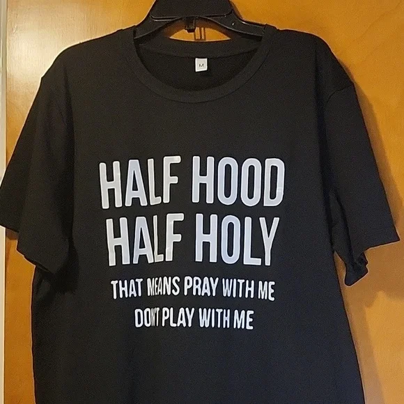 Womens Black / White "Half Hood, Half Holy" Short Sleeve T-shirt - Picture 2 of 5